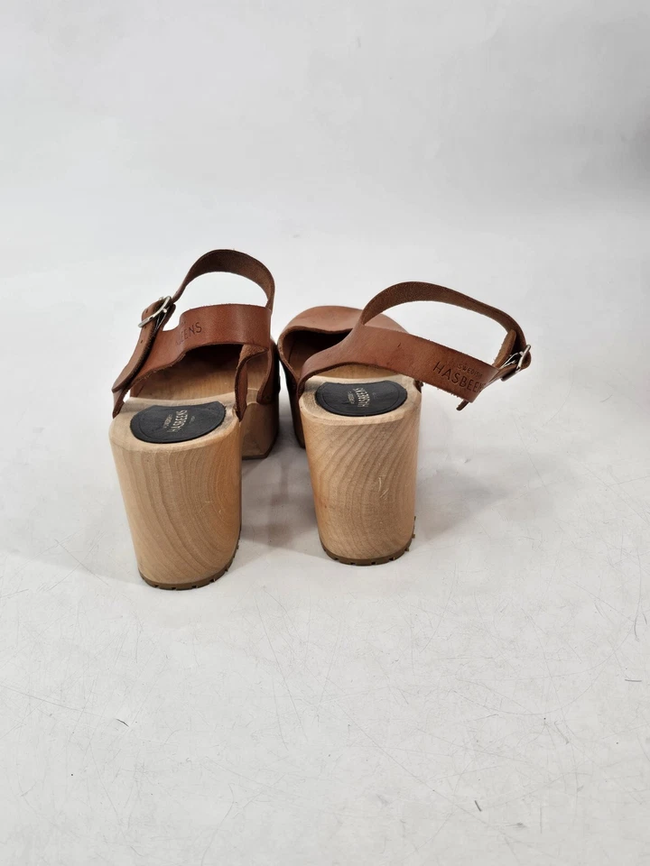 Swedish Hasbeens Brown Ankle Strap Wooden Platform Sandals Clogs Sz 41 Euro - Image 4 of 4