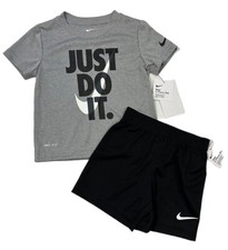 Nike NWT Boys Size 4T JUST DO IT Gray T Shirt Black Shorts 2 Piece Set Outfit