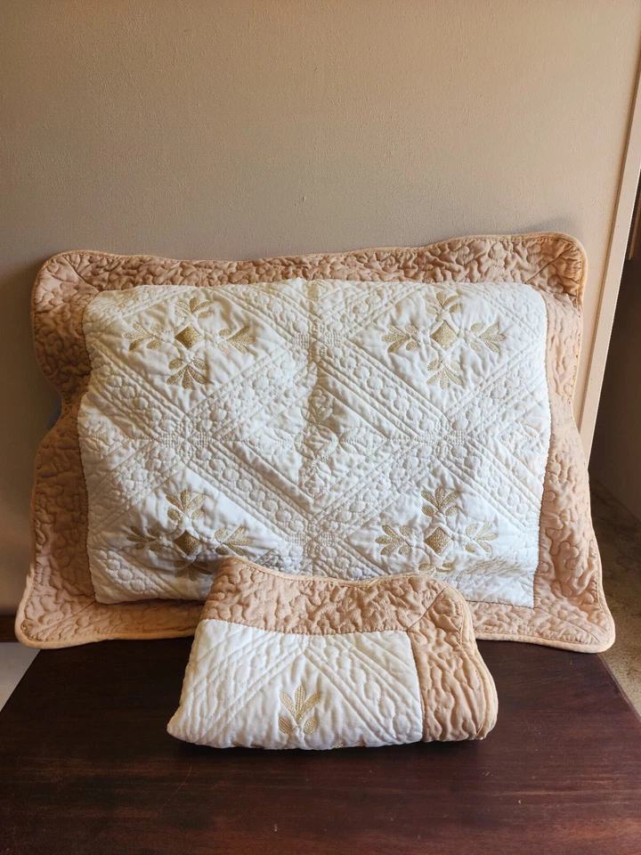 Set of 2 NJ Linen Embroidered Brown/Gold White Floral Standard Pillow Shams - Image 2 of 4