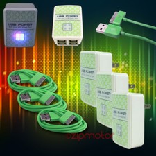3X 4 USB PORT HUB AC WALL ADAPTER 6FT CABLE POWER CHARGER SYNC GREEN GALAXY TAB