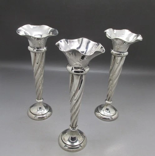 ANTIQUE NICE SET 3 SOLID STERLING SILVER STEM VASES 470g 17CM HIGH CHESTER 1909