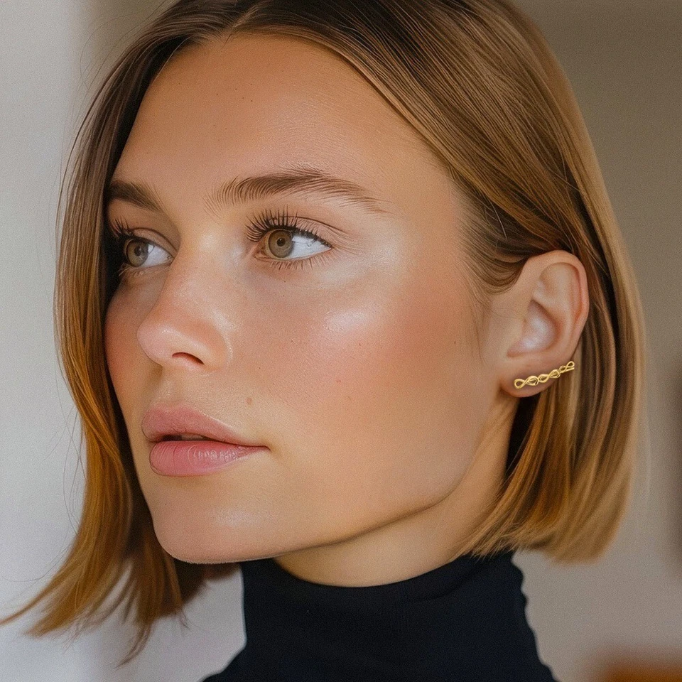 14K Solid Yellow Gold Infinity Love Knot Ear Climber Heart Stud Earrings - Image 3 of 4