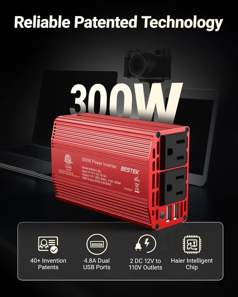 BESTEK Power Inverter DC 12V to AC 110V - 300W Car Plug Adapter Outlet with 4.8A - Image 2 of 4