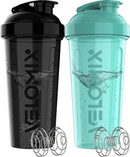 VELOMIX 2 Pack 28 oz Protein Shaker Bottles Leak Proof Wire Whisk Black Turquois