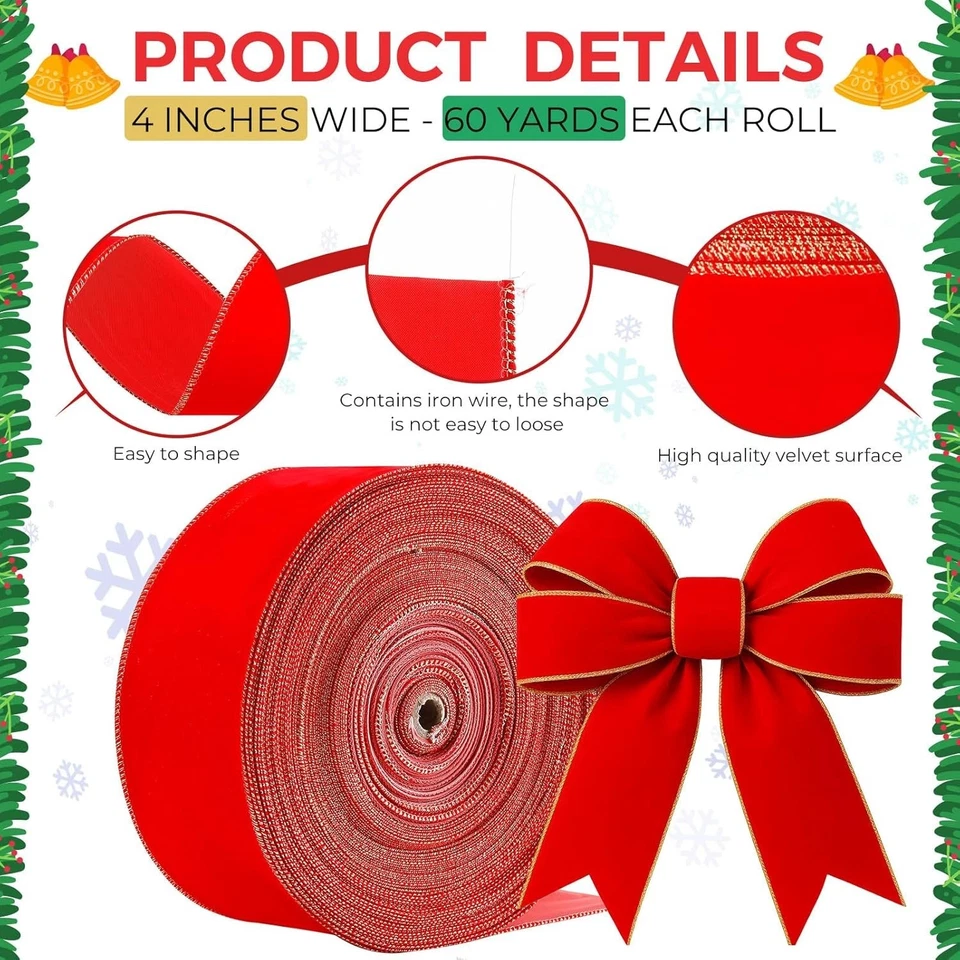 Cinta con cable de terciopelo rojo navideño de 60 yardas y 4 pulgadas con borde dorado, cinta grande... Foto 4 de 4