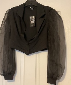 NWT Fashion Nova Women Black Cropped Blazer Sheer Puff Long Sleeves Size- M