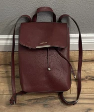 GUESS Women's Woven Backpack Burgundy Snap & Drawstring Closure 13'Tall