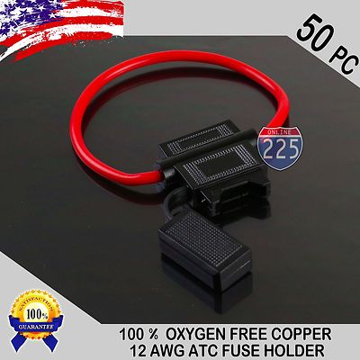 50 Pack 12 Gauge ATC In-Line Blade Fuse Holder 100% OFC Copper Wire Protection