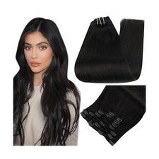 Full Shine Jet Black Clip in Hair Extensions Remy Hair Extensions Clip in Hum...