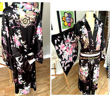 Floral Print Silky Satin Feel Long Kimono Robe W/cummerbund and Bow Tag Sz 1 gts