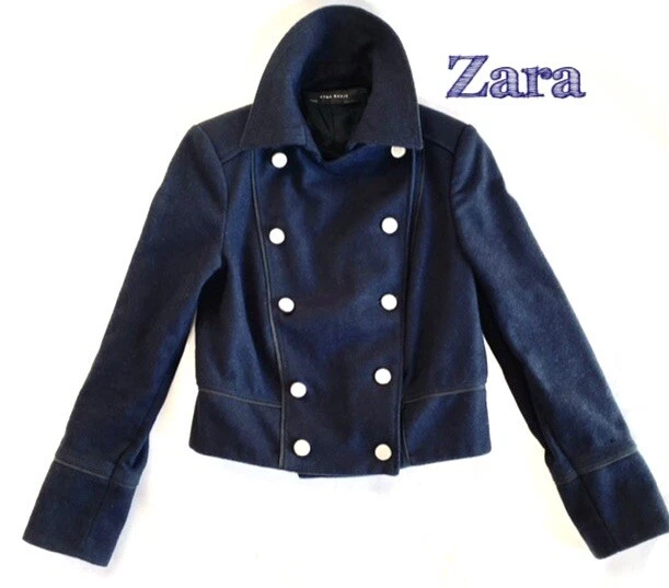 ZARA DOUBLE BREASTED MILITARY STYLE CROPPED NAVY BLUE BLAZER SIZE M