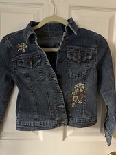 Arizona Jean Company Girls Medium Collar Denim Jean Jacket Flower Appliqu