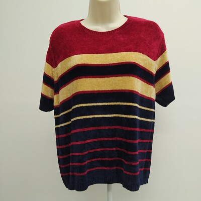 Fred David Petite Women's Top Blue Stripe Short Sleeve Crew Neck Pullover Size L