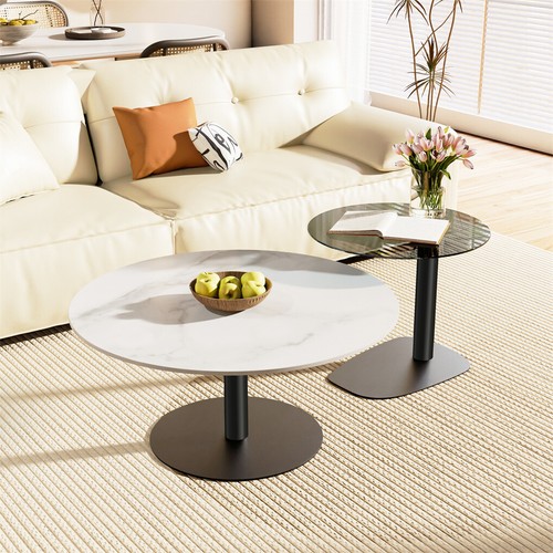 2x Modern Coffee Table Set Round Nesting Table Beech Wood/Sintered Stone + Glass - Picture 7 of 24