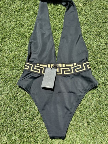 Versace Greca Border Halterneck Black Nero Gold Plunge Open One Piece Swimsuit 1 - Picture 10 of 11