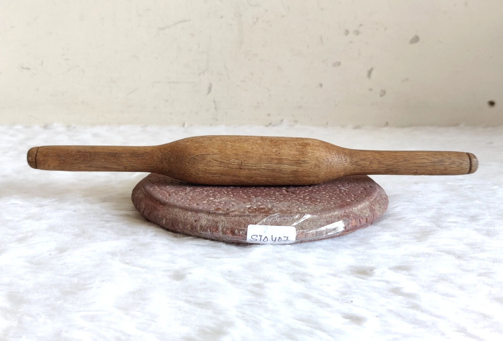 Old Indian Red Stone Roti Board & Wood Belan Rolling Pin Kitchen Antique WN407