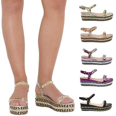 Damen Frauen Sommer Plateau Sandalen Nieten Knöchelriemen Keilabsätze Espadrille Schuhe