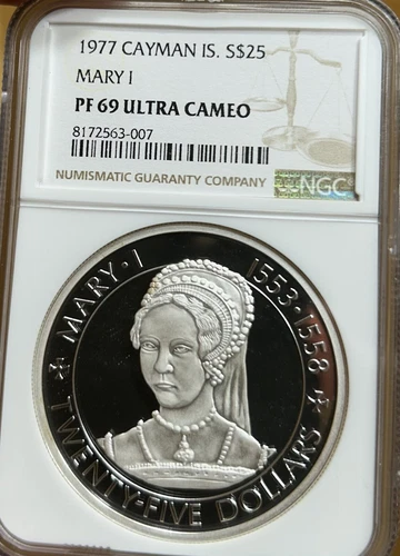 1977 Cayman Islands MARY I $25 Dollars Silver Coin NGC PF69