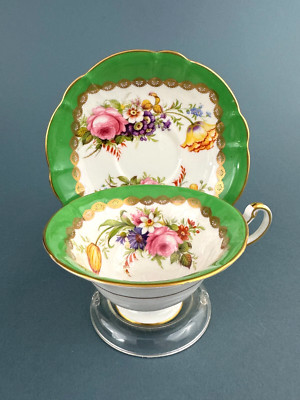 VTG EB Foley Gold Trim Pink Rose Yellow Poppy on Green Flared Tea Cup & Saucer