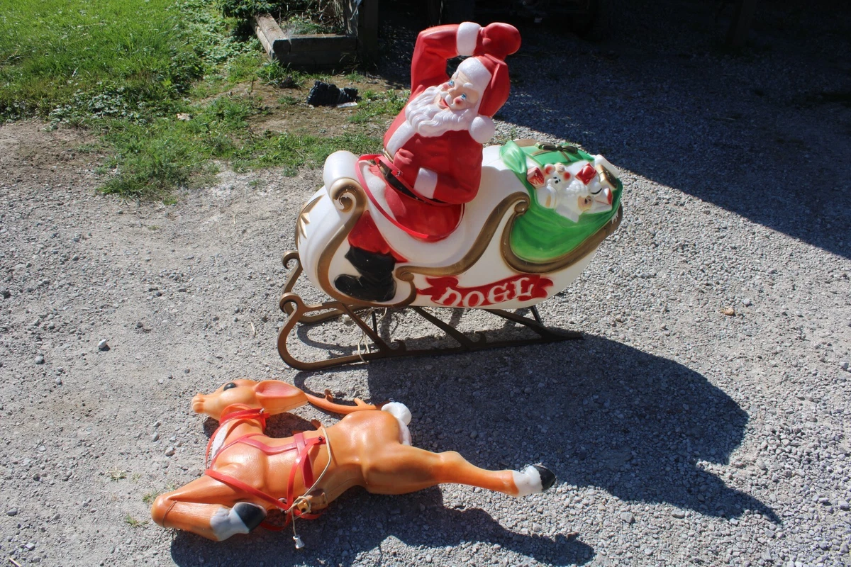 Vintage Blow Mold Christmas Santa Sleigh Reindeer General Foam