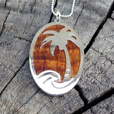 Hawaiian Jewelry Koa Wood Palm Tree Wave Rhodium Plated Brass Pendant BRP1126