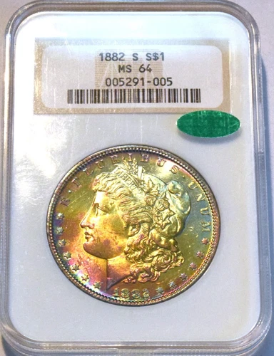 1882 S $1 NGC MS 64 CAC Morgan Silver Dollar, Great Color, Full Rainbow Toning