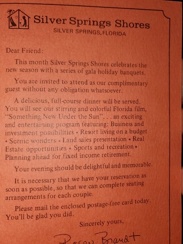 1972 SILVER SPRINGS SHORES / Silver Springs Fla / RSVP Showing Card /Brazil, Ind - Picture 2 of 3