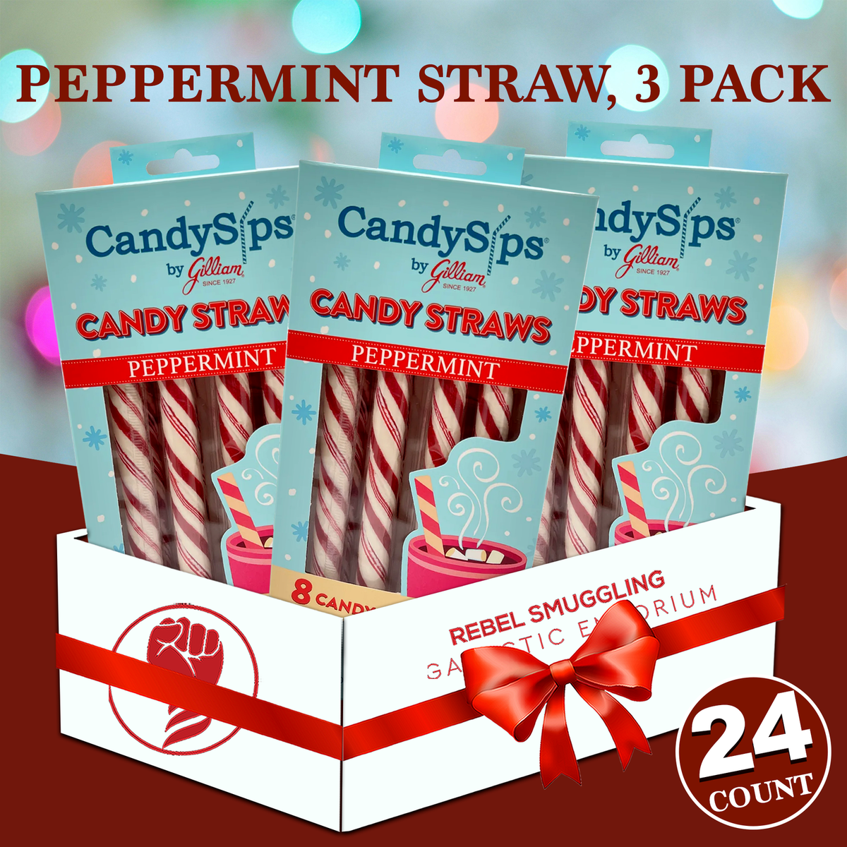 CandySips Gilliam Peppermint Candy Straws - Edible Stirrers (24