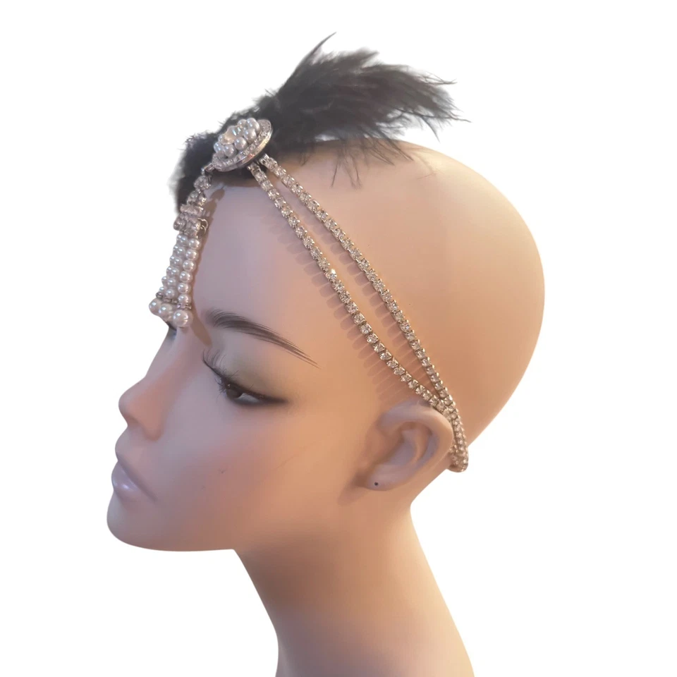 Flapper Headband Black Feather Rhinestone faux Pearls 1920s style Head Piece EUC - Image 3 of 4