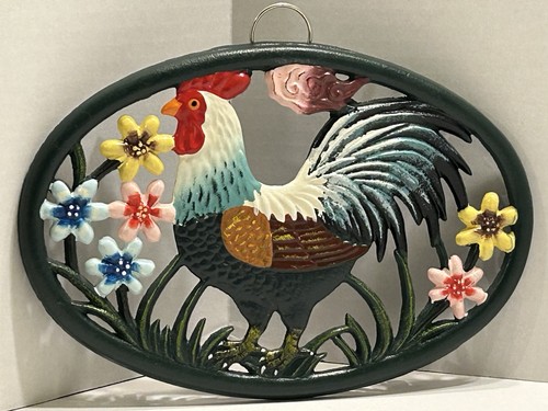 Vintage Hahn Huhn Gusseisen Untersetzer oval Wandbehang Bauernhof Volkskunst