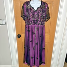 J Peterman Formal Dress M Purple Black Overlay Beads Sequins Birds Long Whimsa
