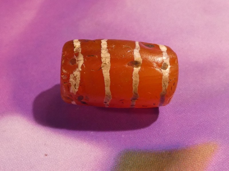 ANCIENT PYU KUSHAN LINE DECORATED 4 STRIPE BARREL BEAD 16.7-9.8 MM AGATE