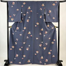 JAPANESE KIMONO FINE PATTERN BLUE-GRAY 166.5cm 5 ft 6 in PURE SILK BB6963