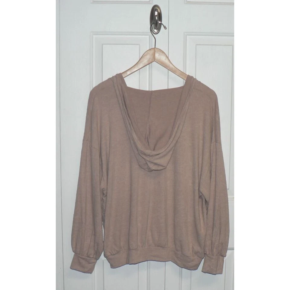 Exuberante sudadera con capucha para mujer tejida cepillada cuello en V manga larga canguro bolsillo ostra pequeña Foto 3 de 4