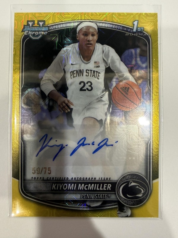 2025-26 Bowman #CPA-KM Kiyomi Mcmiller Chrome Prospect Auto Yellow Mojo /75