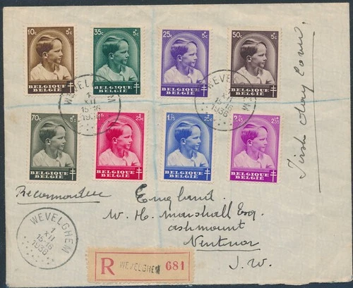 LS84500 Belgium 1936 to Isle of Wight registered FDC used