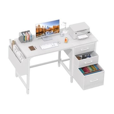  Desk with Fabric File Drawers Cabinet, 47 Inch Reversible Computer 46.6'' White