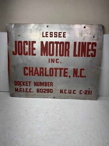 Vintage Jocie Motor Lines Vintage Aluminum Sign Charlotte NC 17 X 14
