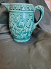 Vintage McCoy Green Stoneware Pitcher Lily Pads Fish Handle #30