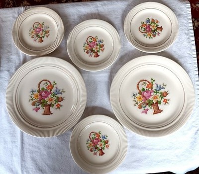 6 Salem Basket Petit Point Plates Dinner & Bread & Butter Victory Cross Stitch