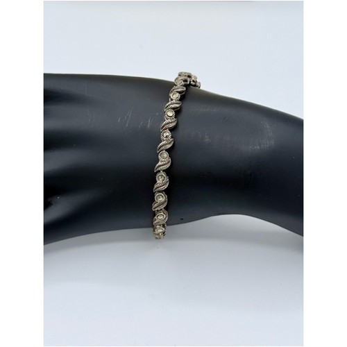 Vintage 925 Sterling Silver Marcasite S-Wave Scroll Link Bracelet 7"