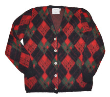80's Vintage JERSILD Red, Black,  Green Wool-Mohair Cardigan Sweater M/L  USA
