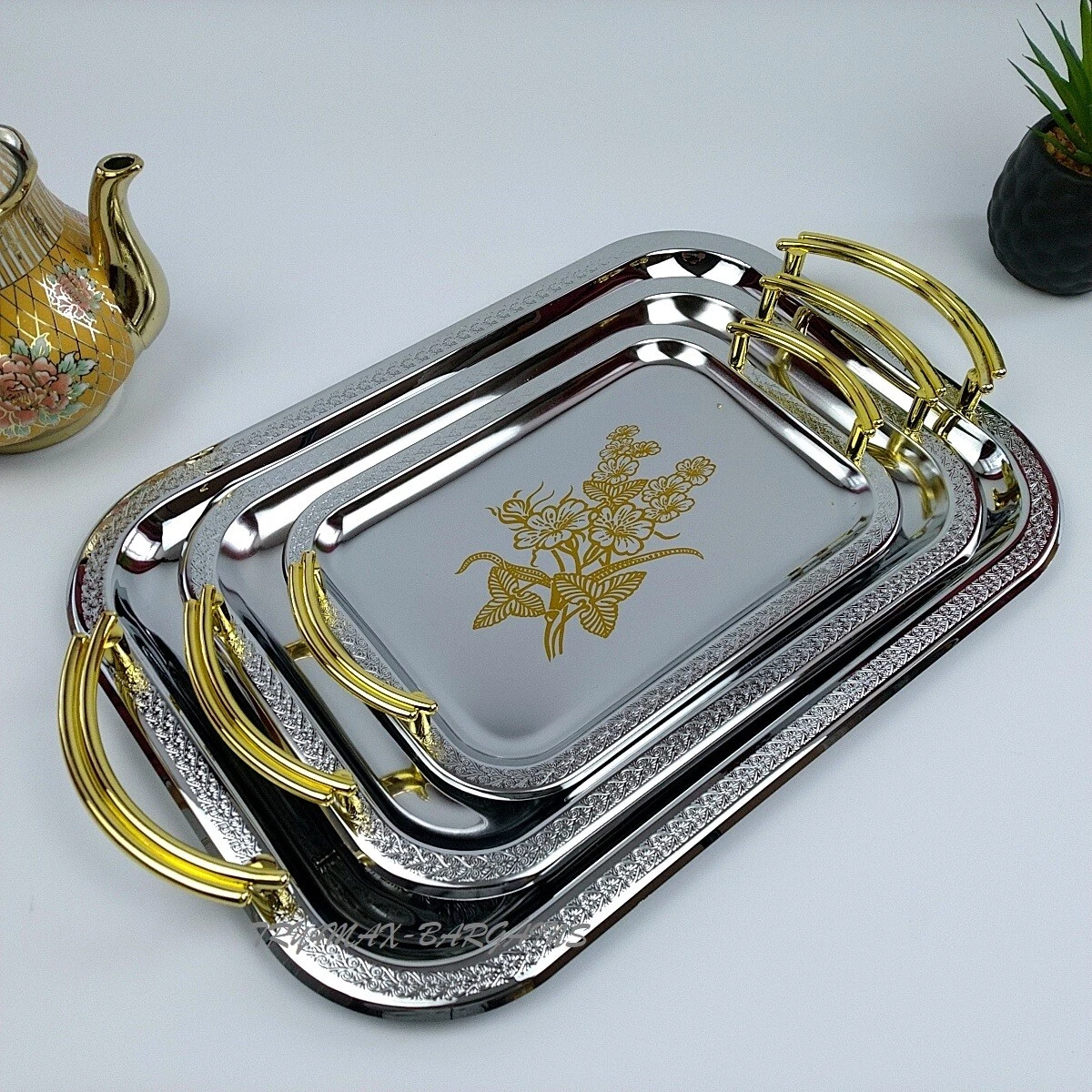 3pcs Serving Tray Set With Carry Handle Steel Classic Gold Plated Lightweight