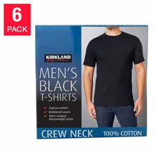  Kirkland Men's 6-pack Black 100% Cotton Crew Neck T-shirt FREE SHIPPING!