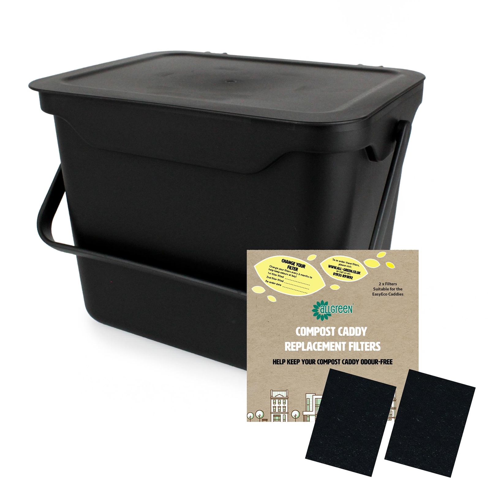 Black 5L Kitchen Compost Caddy/Food Recycling Waste Bin & Filter Pack