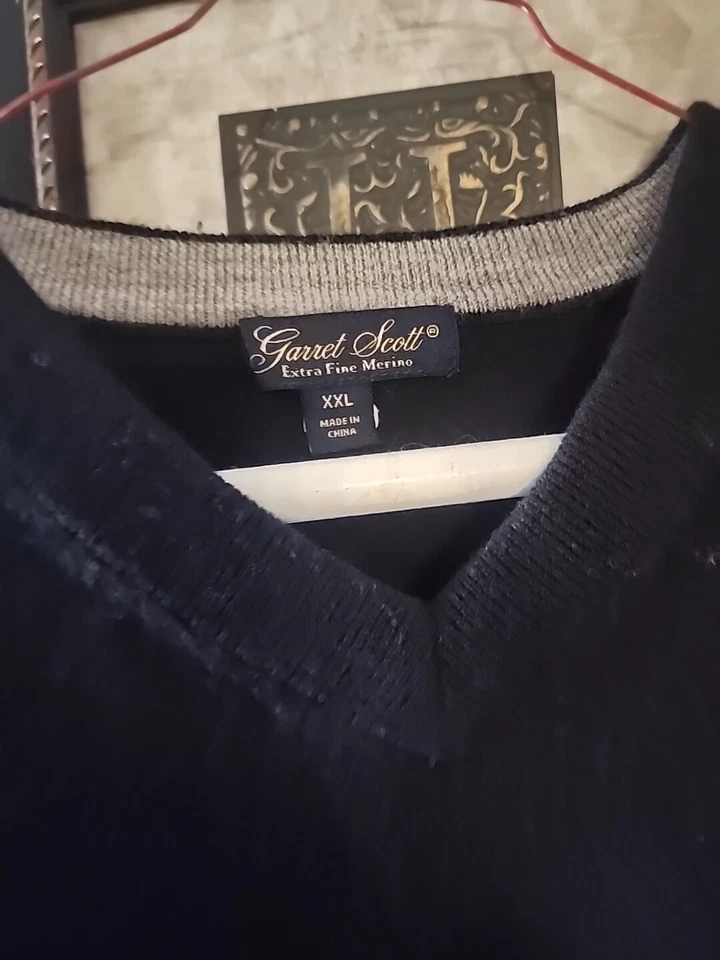 Garret Scott Suéter Chaleco Hombres 2XL Negro Cuello en V Lana Merino Extra Fina Sin Mangas Foto 2 de 3