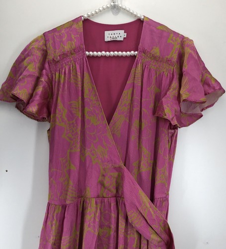Liza Wrap Dress Womens 6 Wrap Midi Pink Orange Floral 100% Silk TANYA TAYLOR - Picture 9 of 18