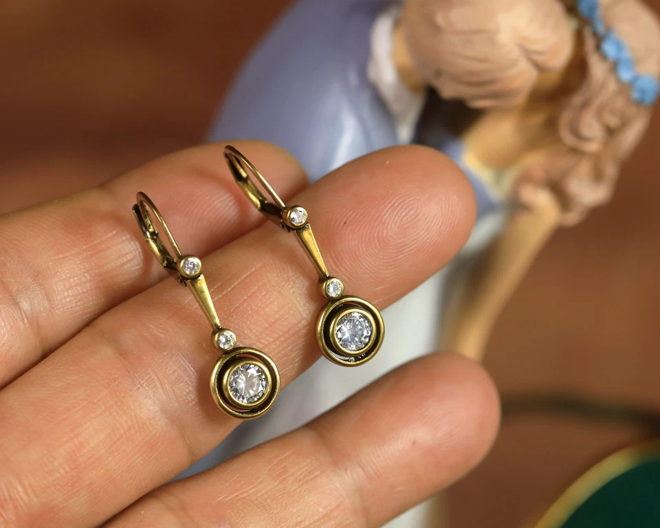 Antique Art Deco Round CZ Fine White Gold Sleeping Earrings SC1 - Image 2 of 4