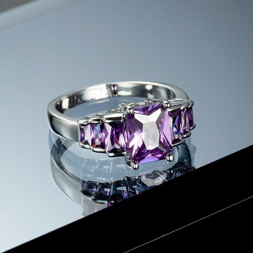 Anillo de compromiso de plata 925 púrpura AAA de 6 mm*8 mm para mujer talla 6-10 - Imagen 3 de 10