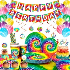 Tie Dye Birthday Party Decoration Rainbow Party Supplies Tableware Balloon Plate